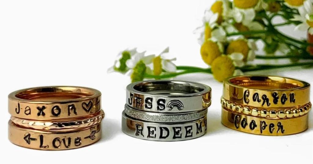 three sets of ring sets with names and symbols