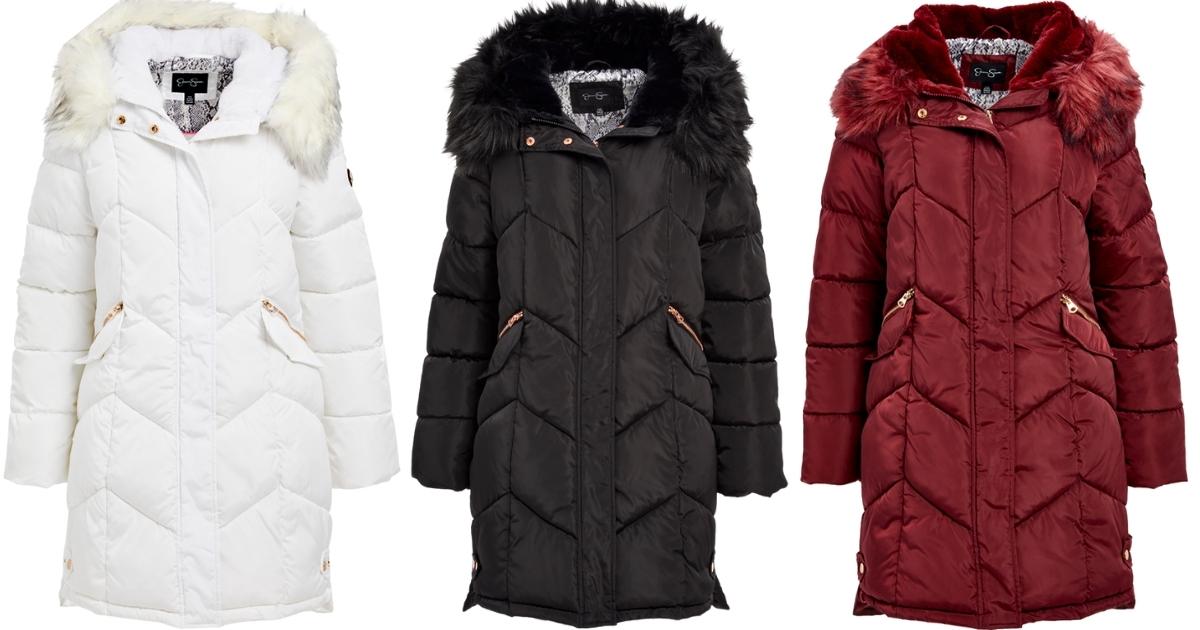 jessica simpson faux fur trimmed hooded puffer coats