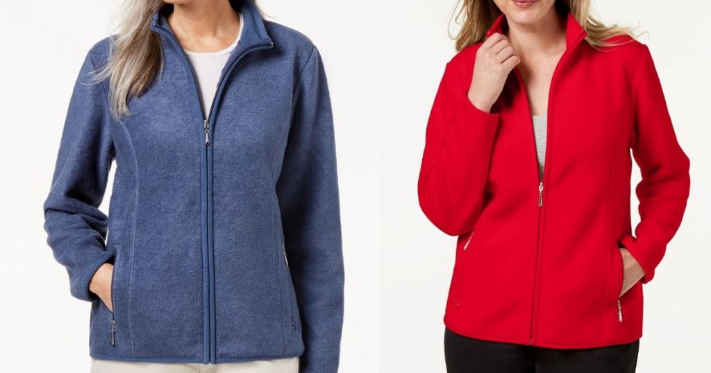 two women wearing fleece jackets