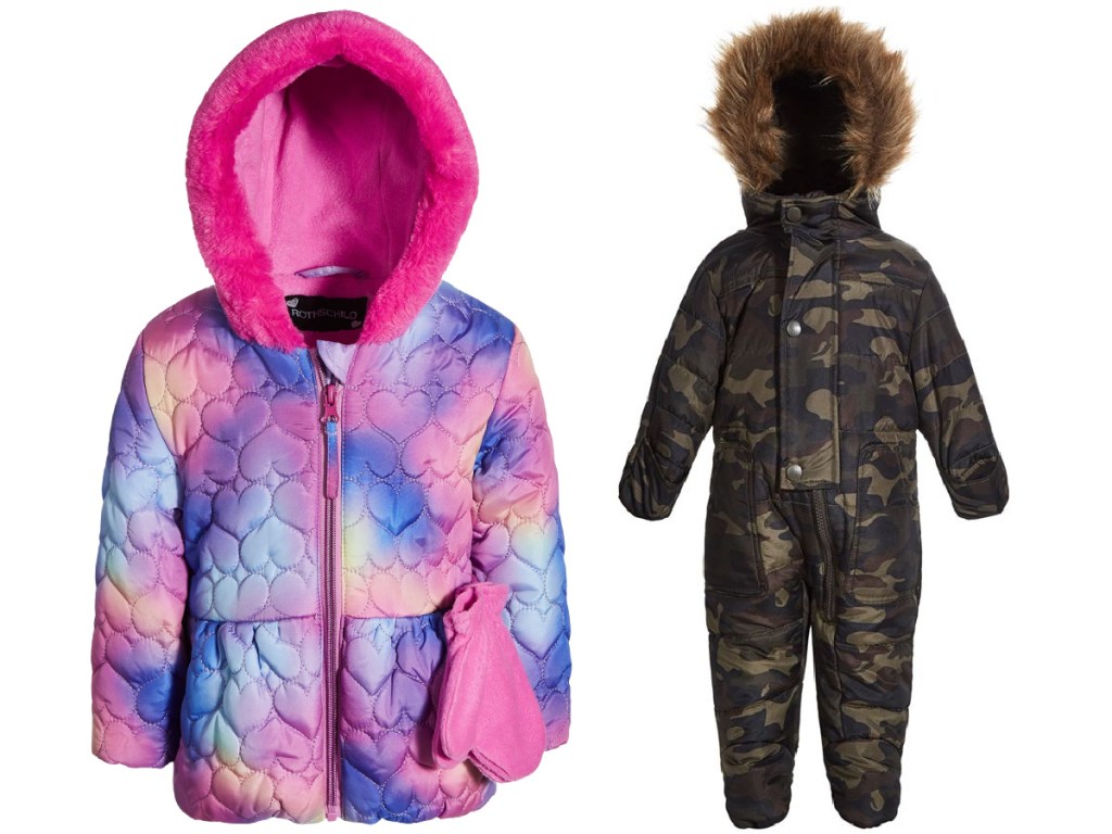 pink baby girl jacket and baby boy camo snowsuit