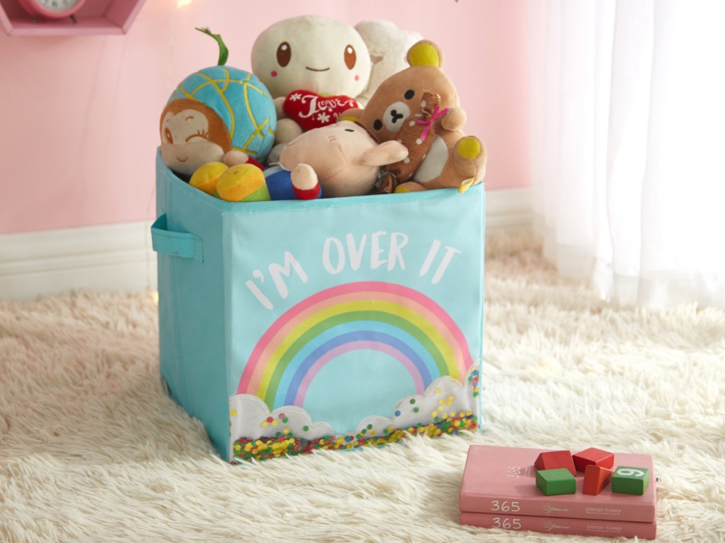 rainbow storage cube filled with toys