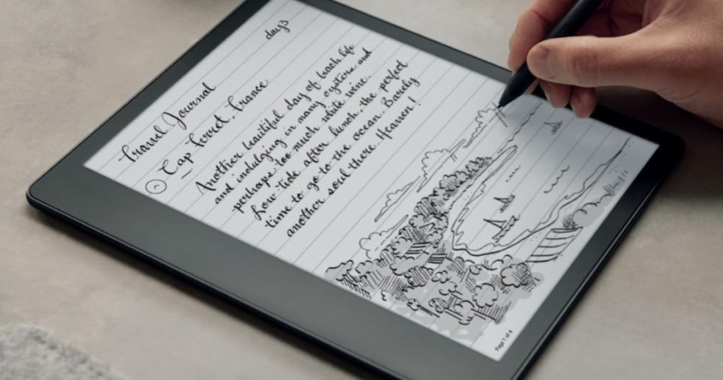 person sketching picture on kindle scribe
