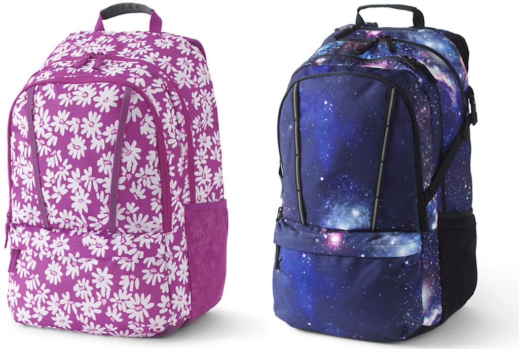 flower print kids backpack and galaxy print kids backpack