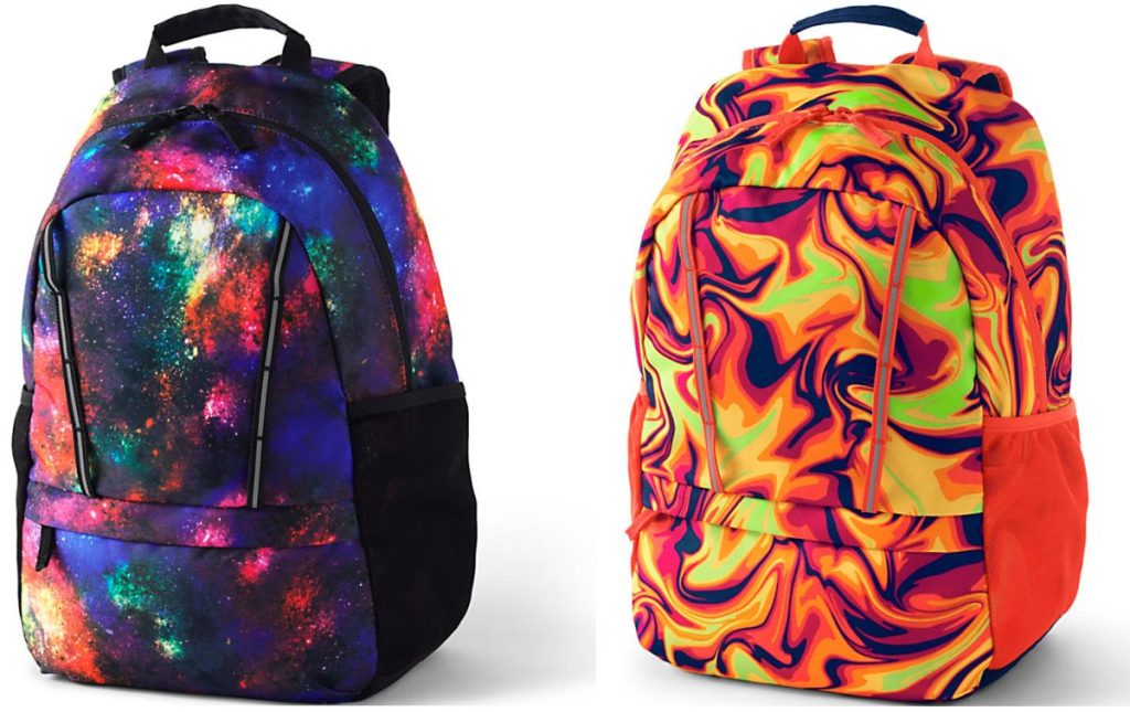rainbow galaxy print kids backpack and orange swirl kids backpack