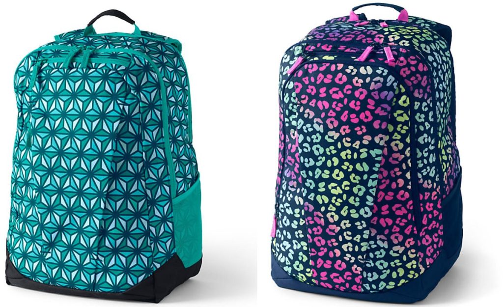 teal geometric kids backpack and rainbow leopard print kids backpack
