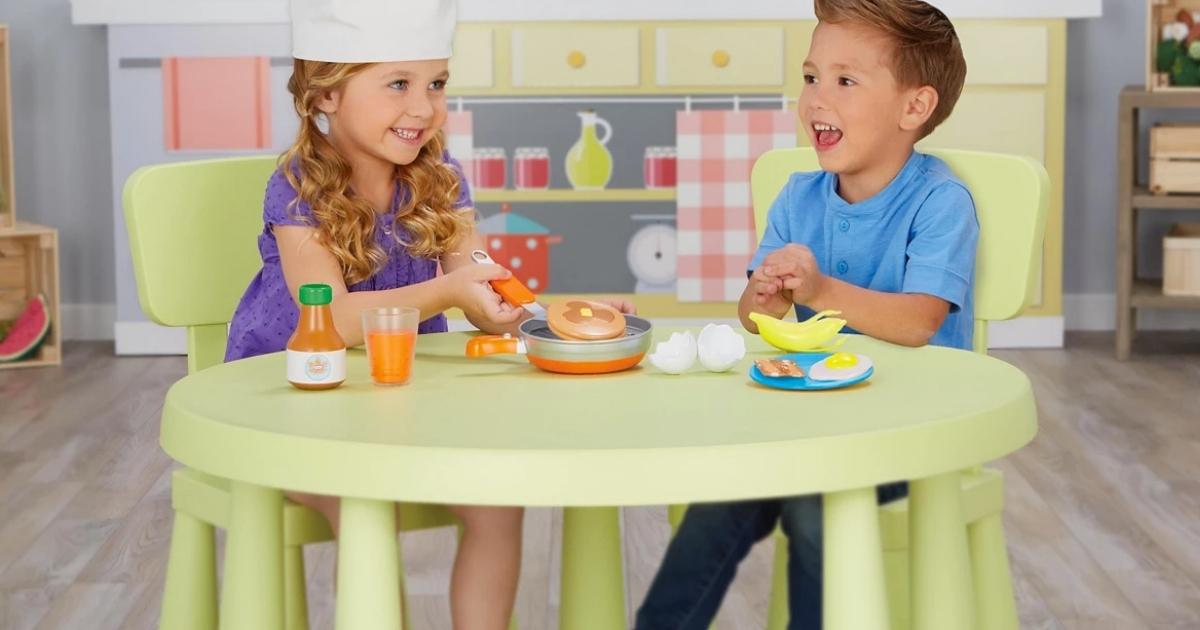 kids sitting at table with little tikes shop 'n learn breakfast kit