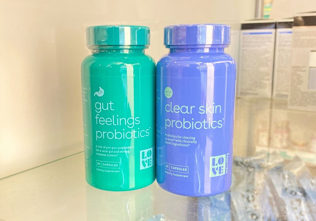 Love Wellness Probiotics on glass shelf