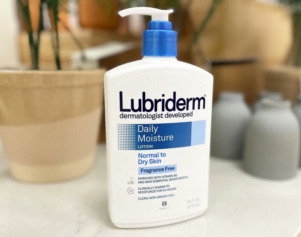 white and blue bottle of Lubriderm lotion