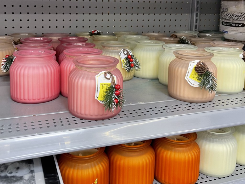 ribbed jar candles on a store shelf