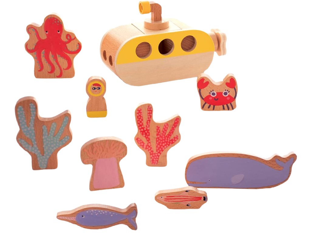 yellow submarine and sea animal wooden toys