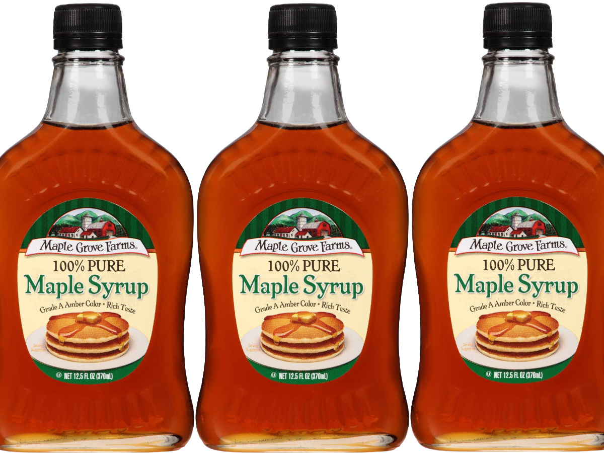 three bottles of maple syrup