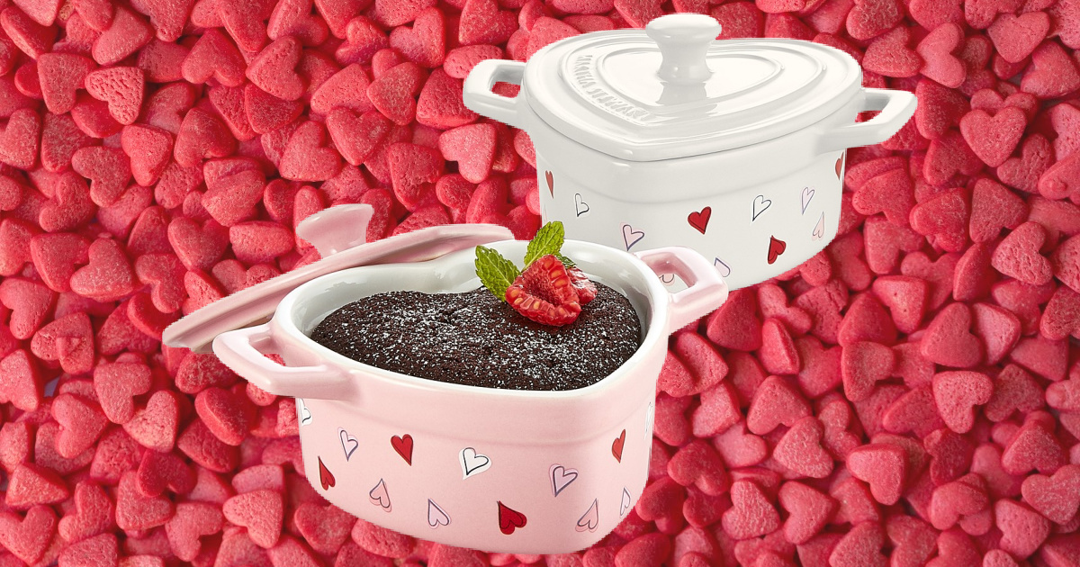 heart shaped bakeware and red heart candy background
