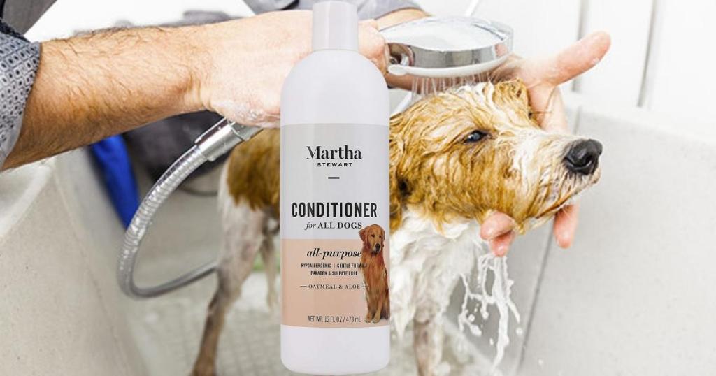martha stewart for pets dog conditioner with dog being bathed