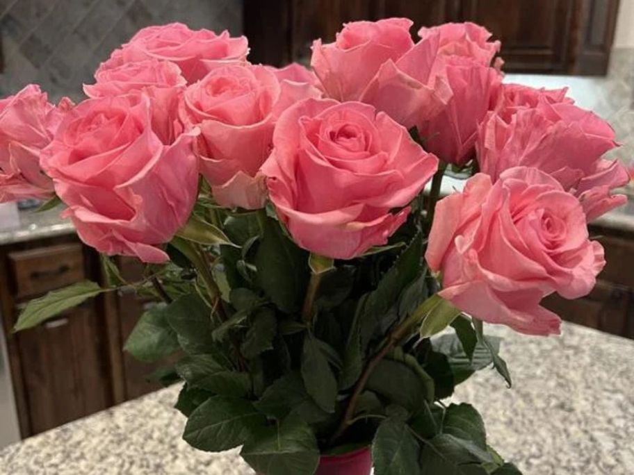 Member's Mark Pink Roses in a vase on a counter