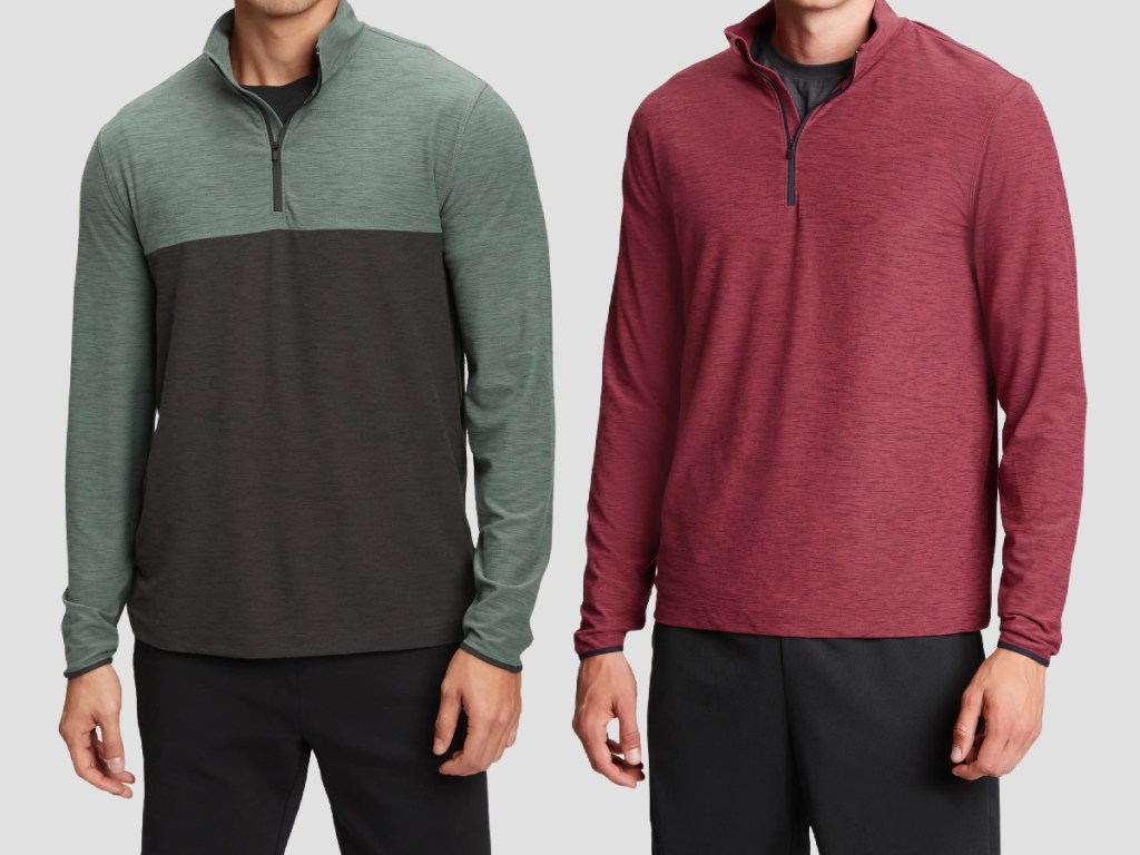 man wearing green colorblock pullover and man wearing red pullover