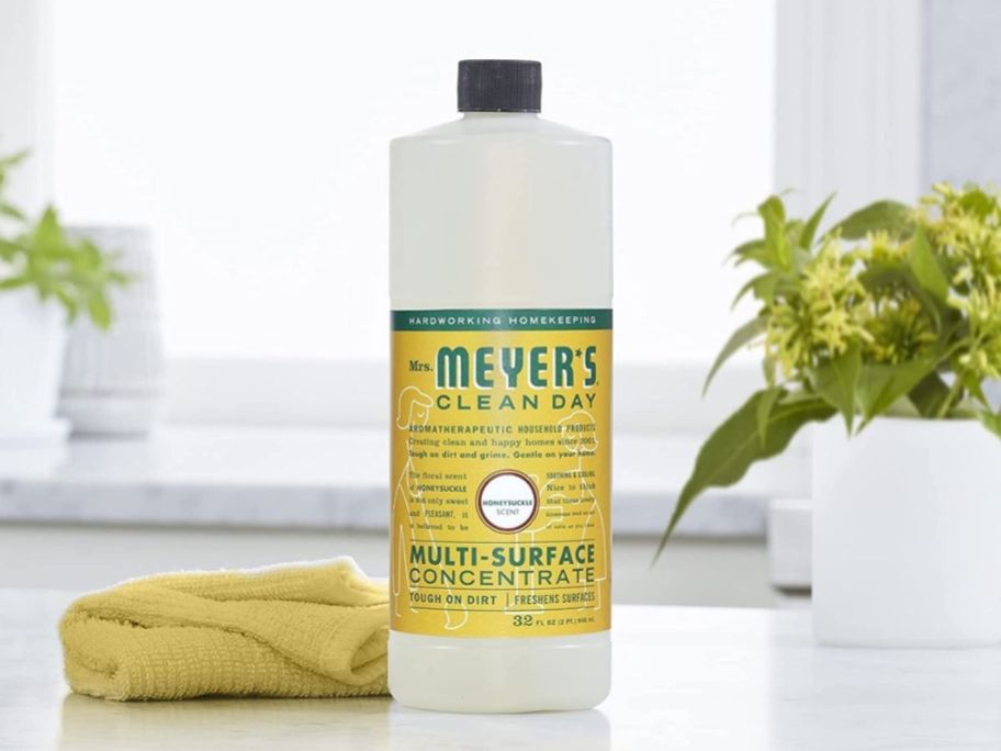 yellow bottle of Mrs. Meyer's Clean Day Multi-Surface Cleaner Concentrate on kitchen counter