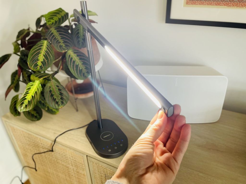 hand holding a Momax LED Desk lamp from Amazon