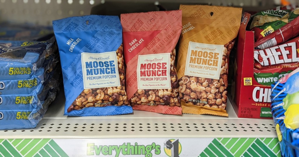 snack bags of popcorn on store shelf