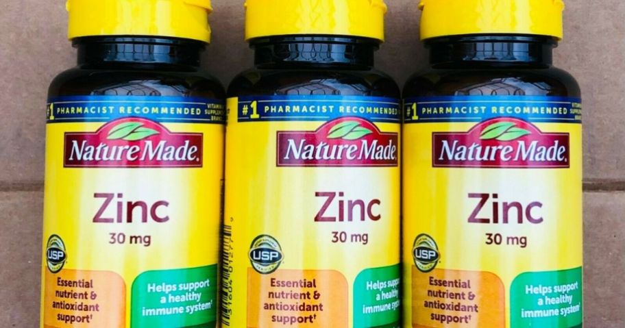 three bottles of nature made zinc tablets
