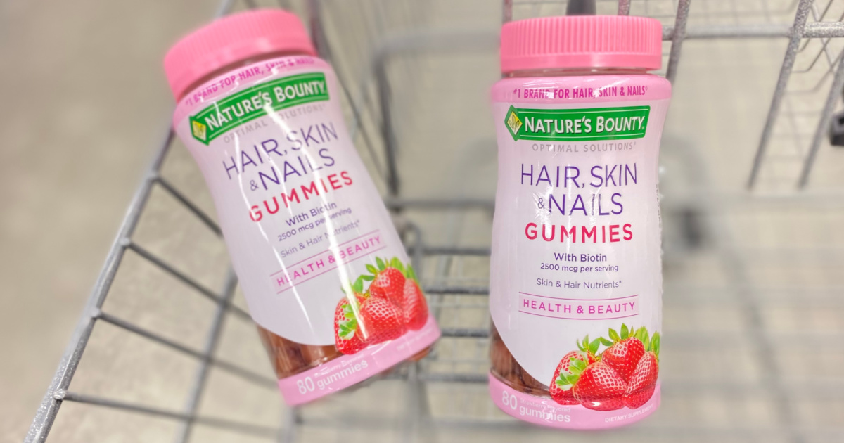 two bottles of Nature’s Bounty Hair, Skin & Nail Gummies in a cart