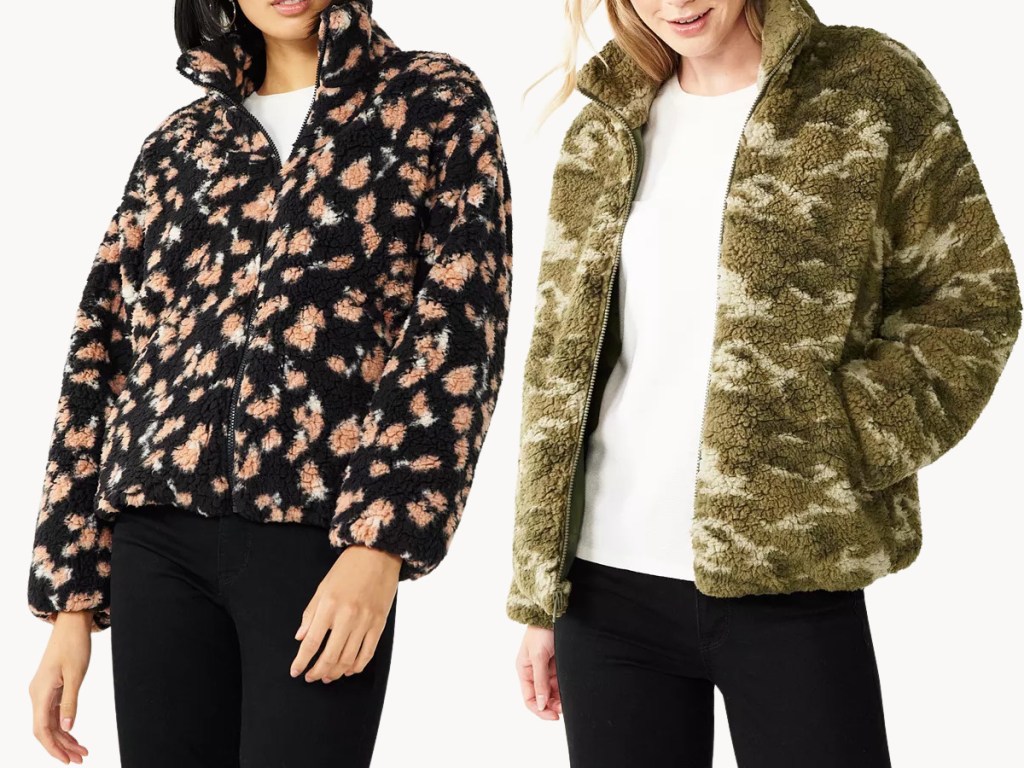 woman wearing black floral teddy coat and woman wearing green camo teddy coat