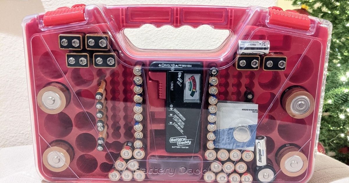 battery organizer filled with batteries