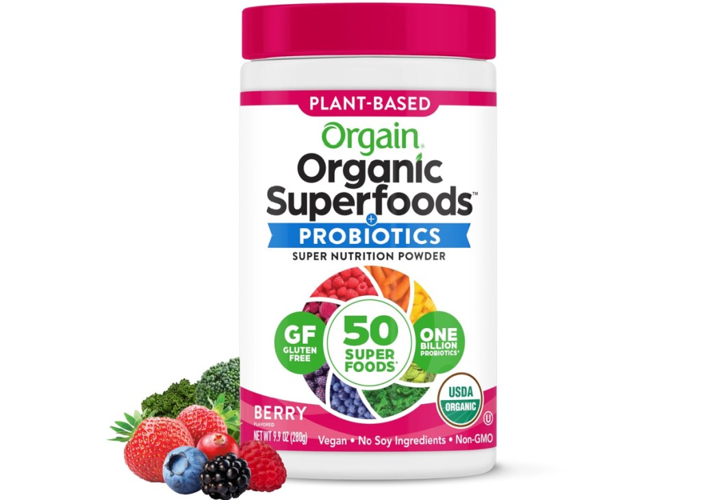 canister of Organic Superfood powder near fresh berries 
