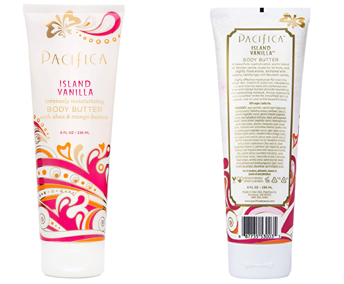 front and back view of Pacifica Island Vanilla Body Butter 8oz Tube