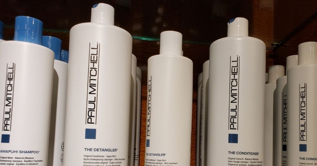 row of Paul Mitchell Shampoo and Conditioner