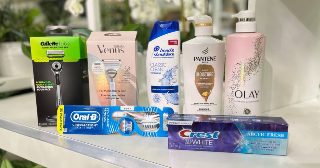 shampoo, toothpaste, toothbrushes and shave items on counter