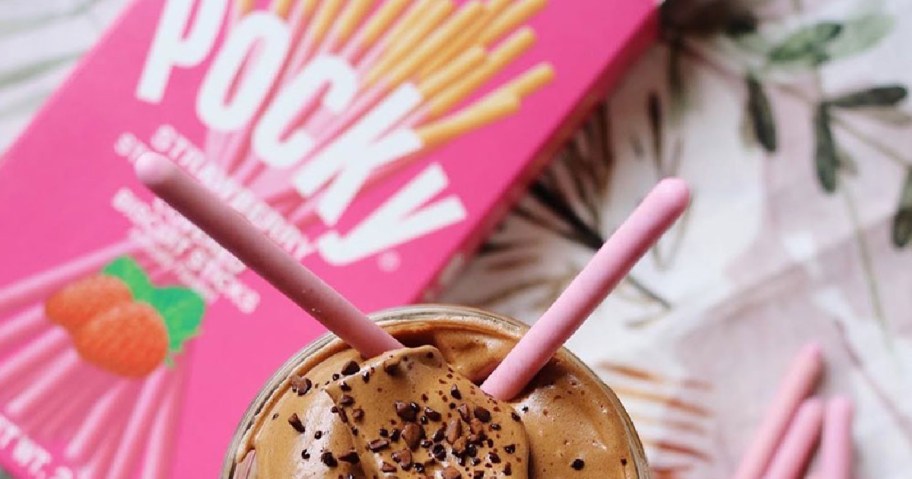 Pocky Strawberry Sticks in a drink