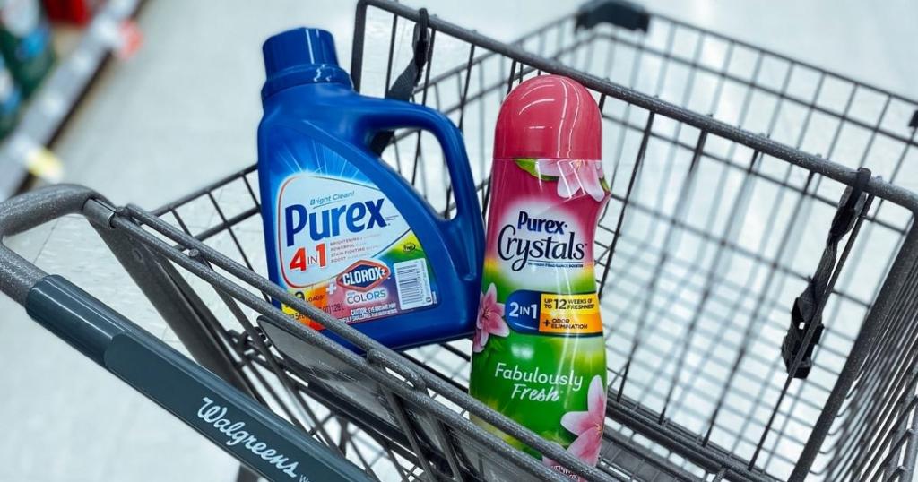 purex liquid laundry detergent and laundry crystals in store cart