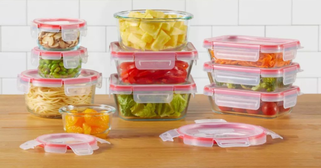 glass food storage with red lids 