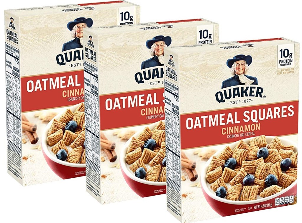 three boxes of Quaker Oatmeal cereal