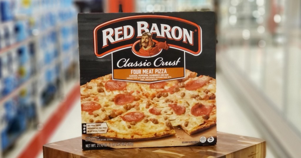 Red Baron pizza box on a tray