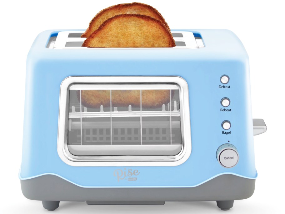 blue toaster with viewing window and two pieces of toast inside