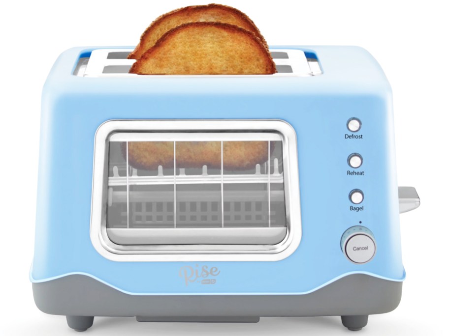 blue toaster with viewing window and two pieces of toast inside