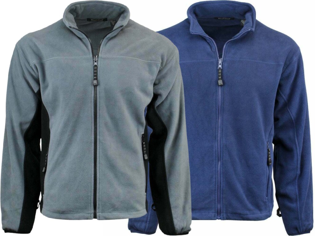 men's gray fleece jacket and blue jacket
