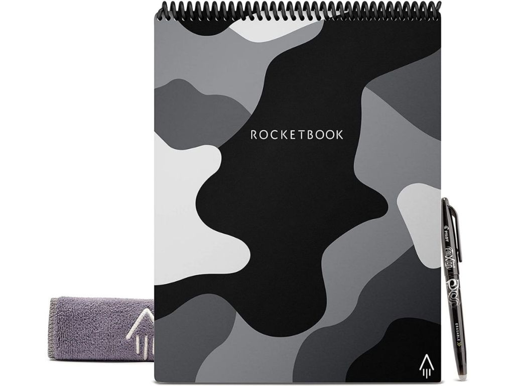 Camo Rocketbook notebook, pen, and microfiber cloth