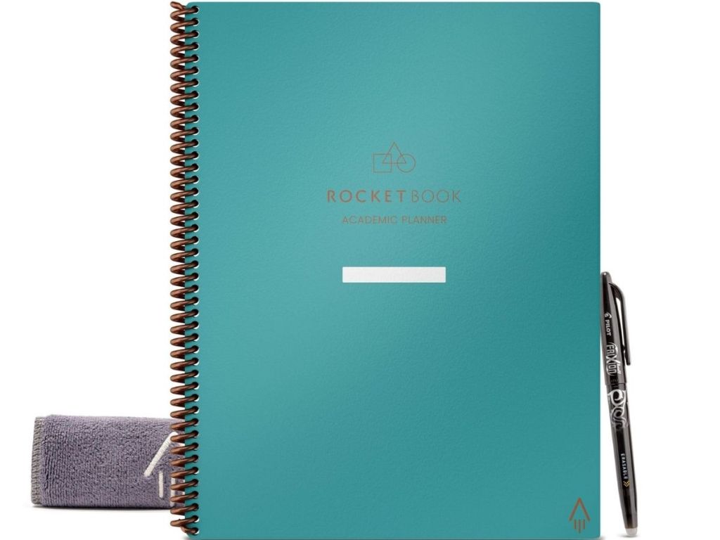 teal Rocketbook acedemic planner, pen, and microfiber cloth