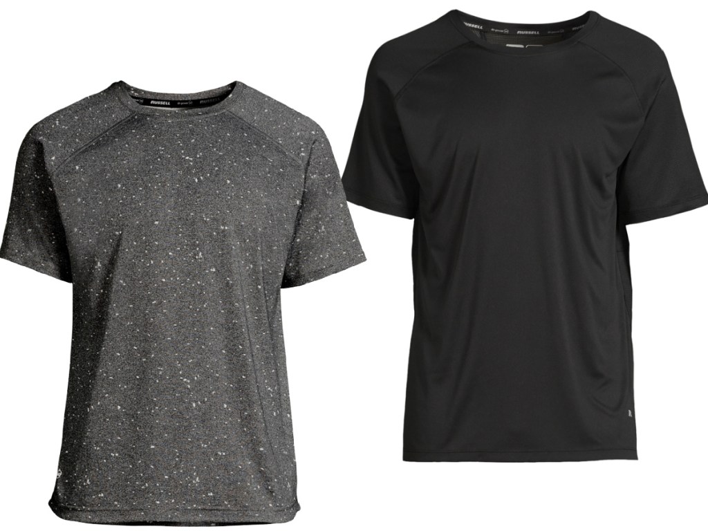 men's gray speckled tee and black tee