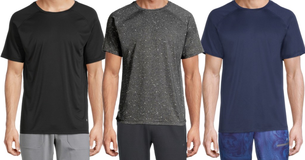 man in black tee, man in gray speckled tee, and man in navy blue tee