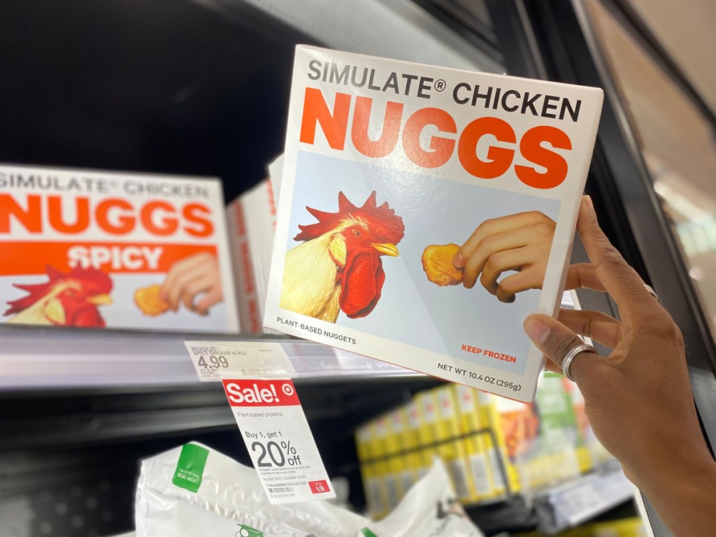 box of plant-based chicken nuggets in store freezer