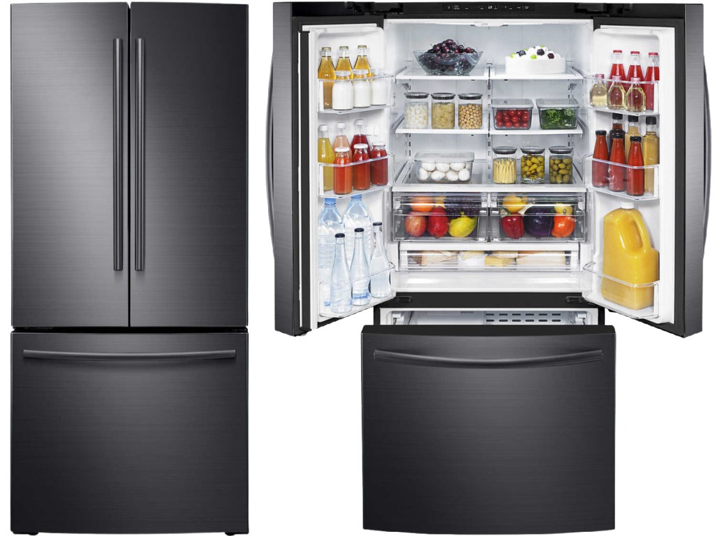 open and closed black french door fridge
