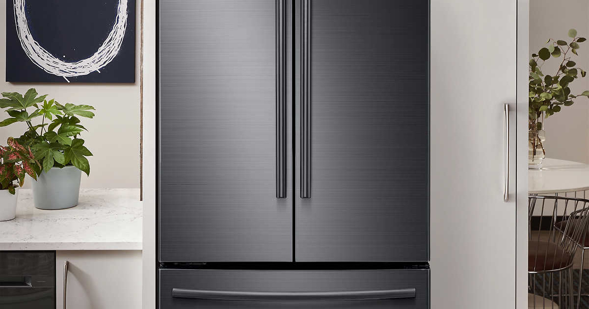 black french door fridge in kitchen