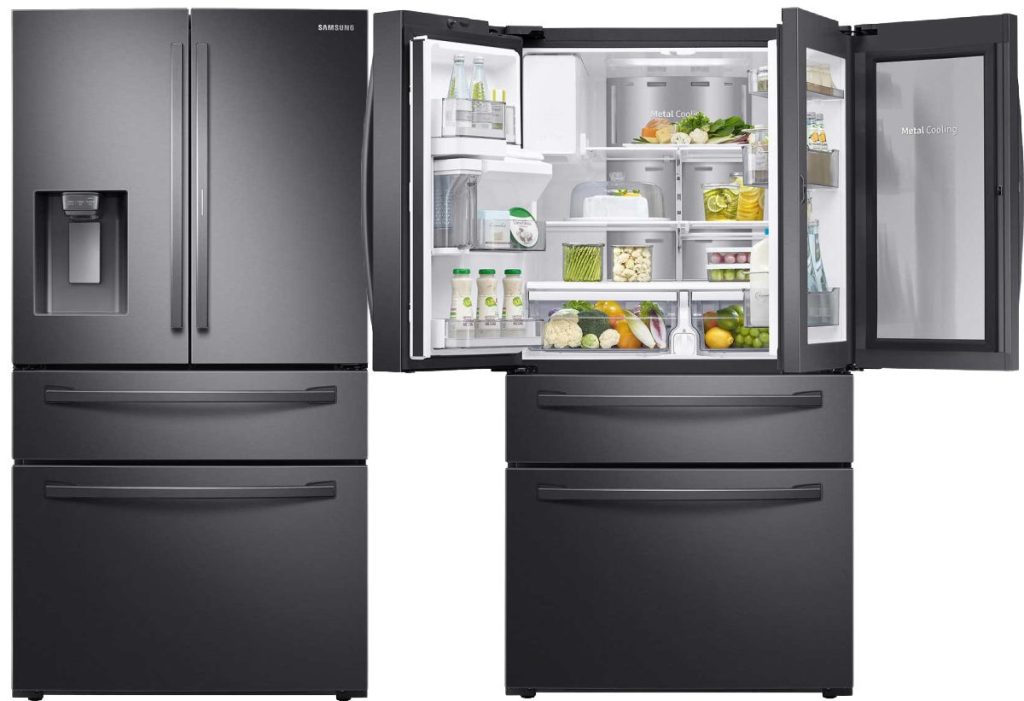 open and closed black french door fridge