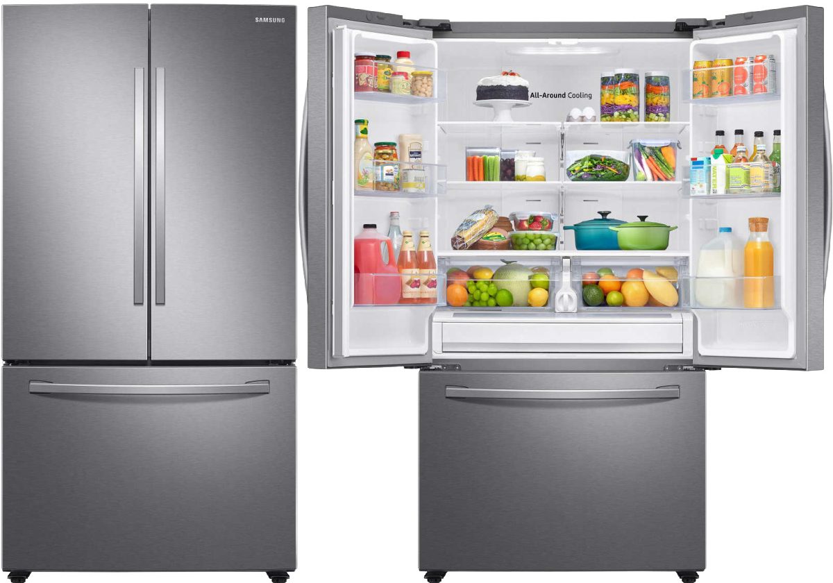 open and closed stainless steel french door fridge