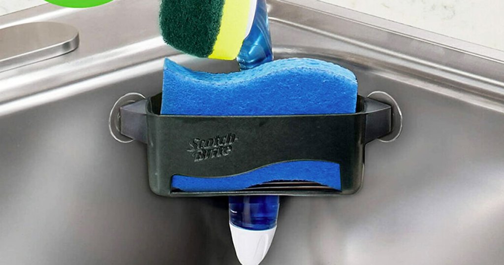 blue sponge in a sink caddy