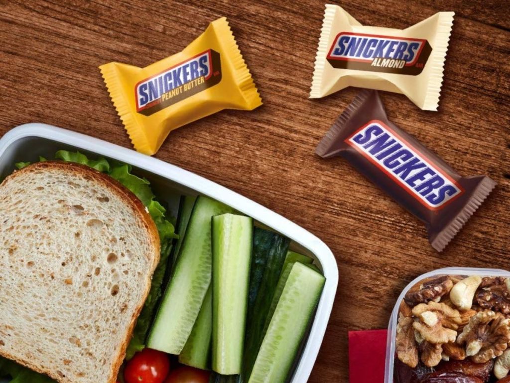 lunch with fun-size snickers bars scattered around