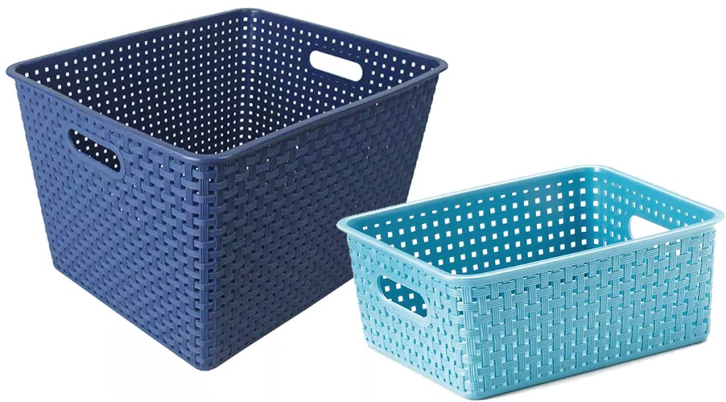 blue plastic storage bins